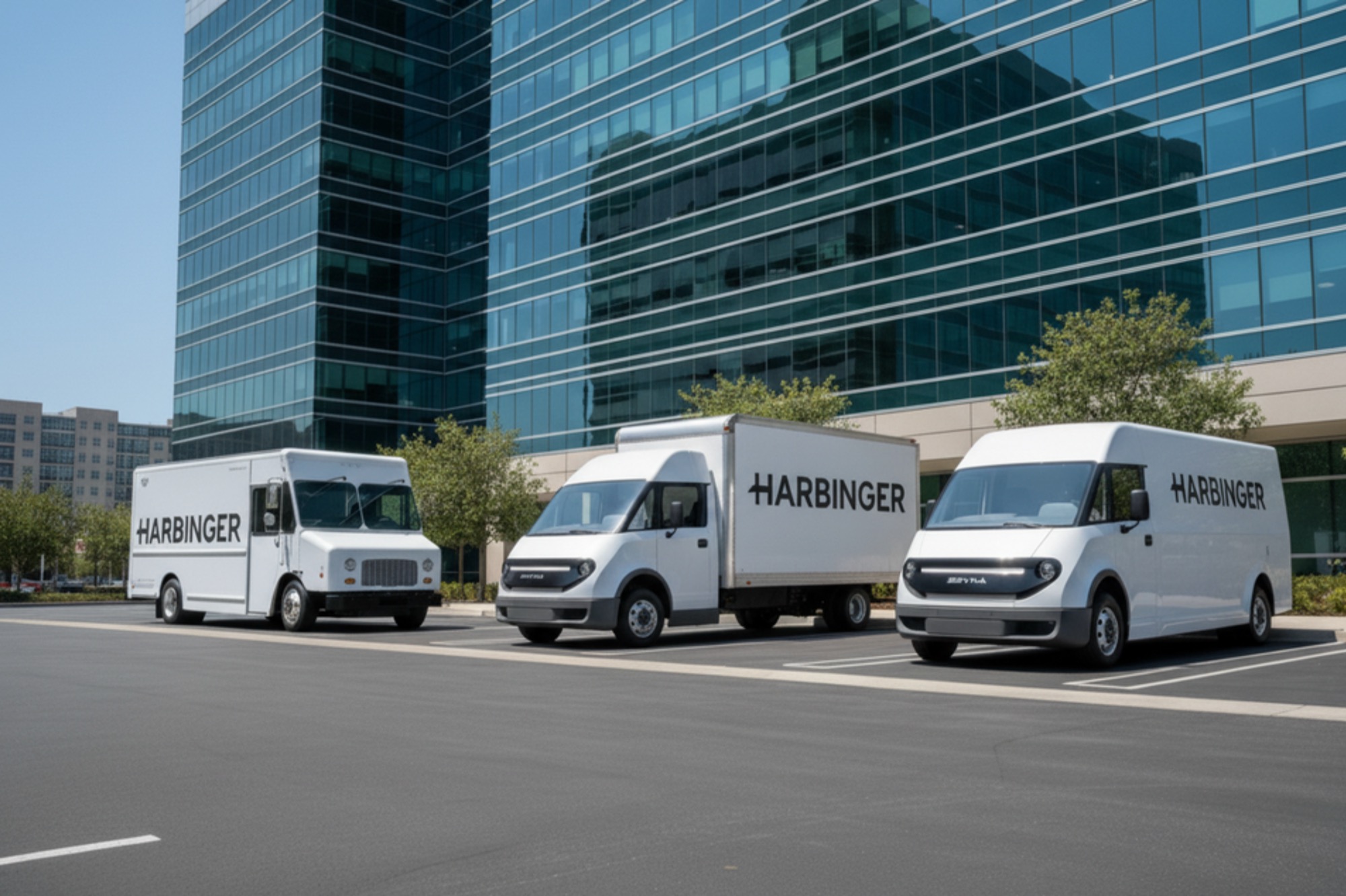 Three Harbinger electric cab chassis vehicles—including a step van, box truck, and eVan—parked in front of a modern commercial building.